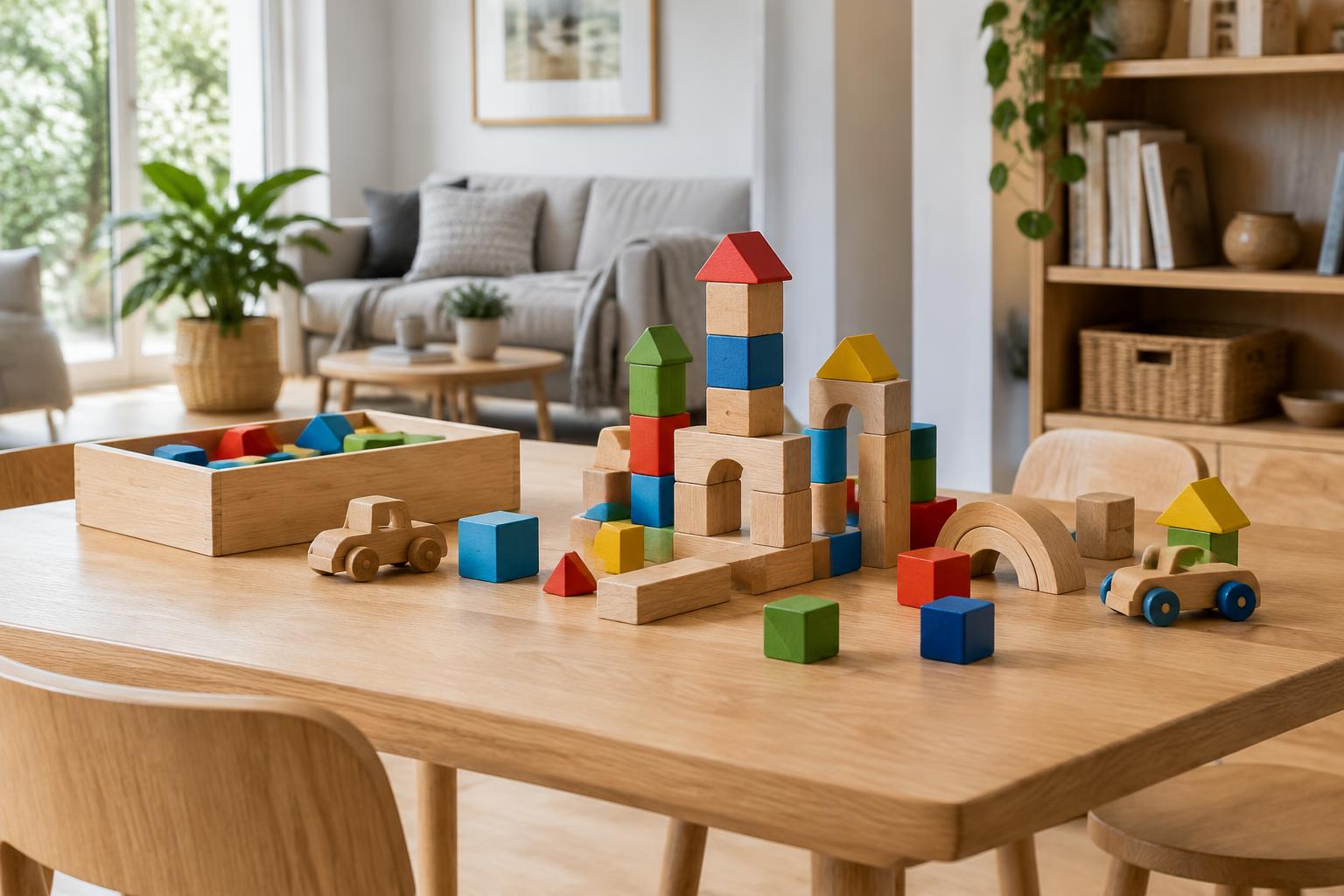 Wooden building blocks and toy cars on a family table