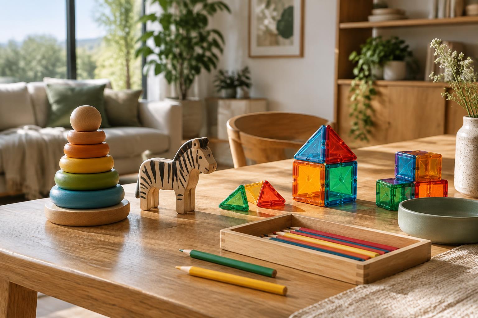 Magnetic tiles, stacking rings and creative toys on a wooden table