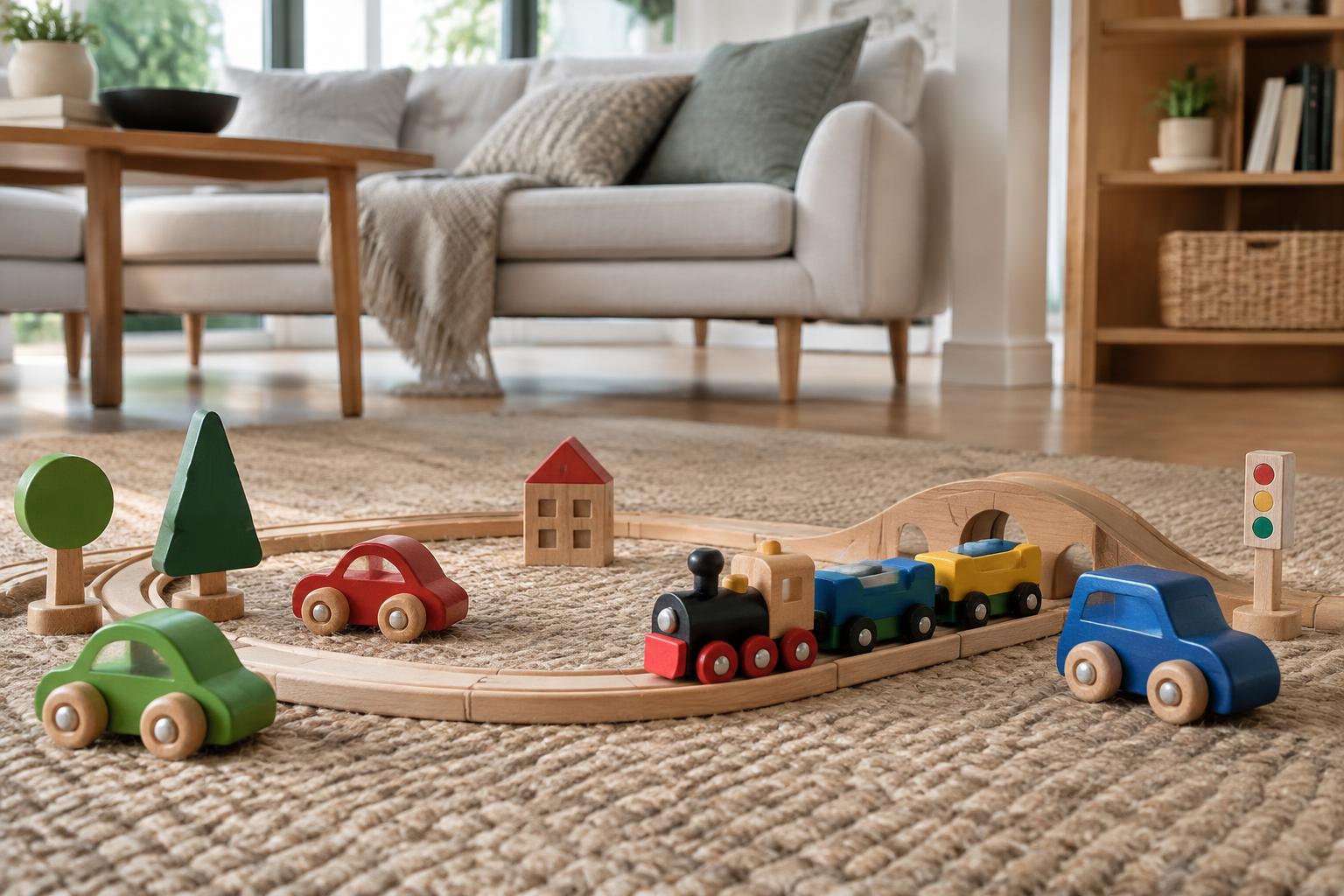 Wooden train set and toy cars arranged on a living room rug