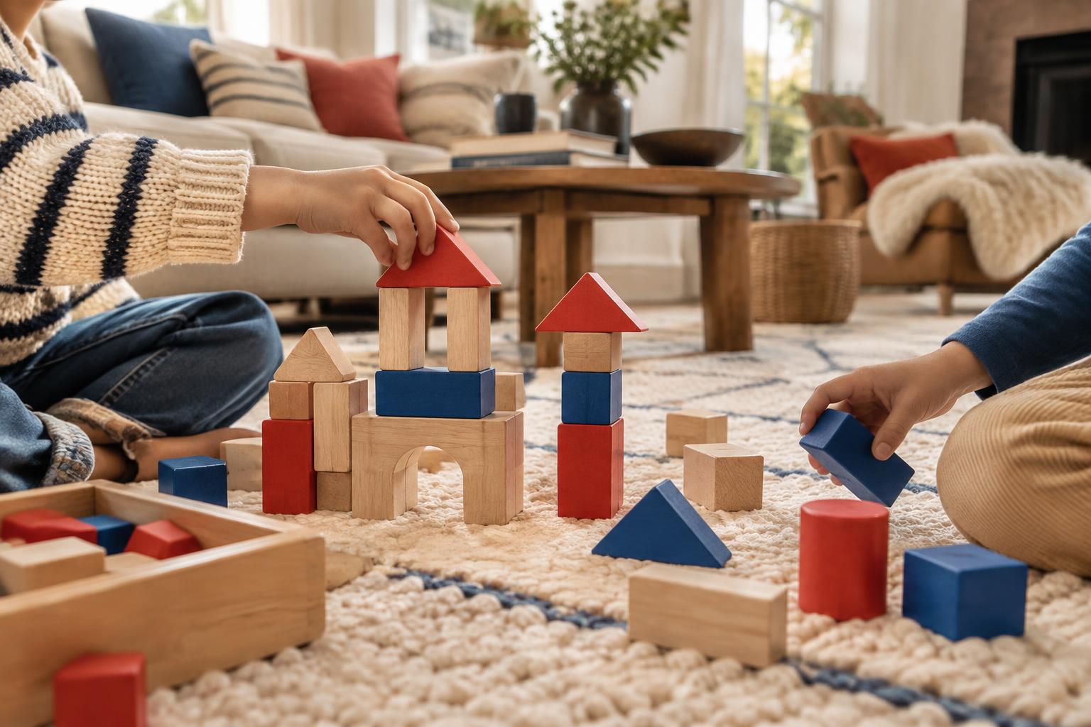 Children building a wooden block city at home