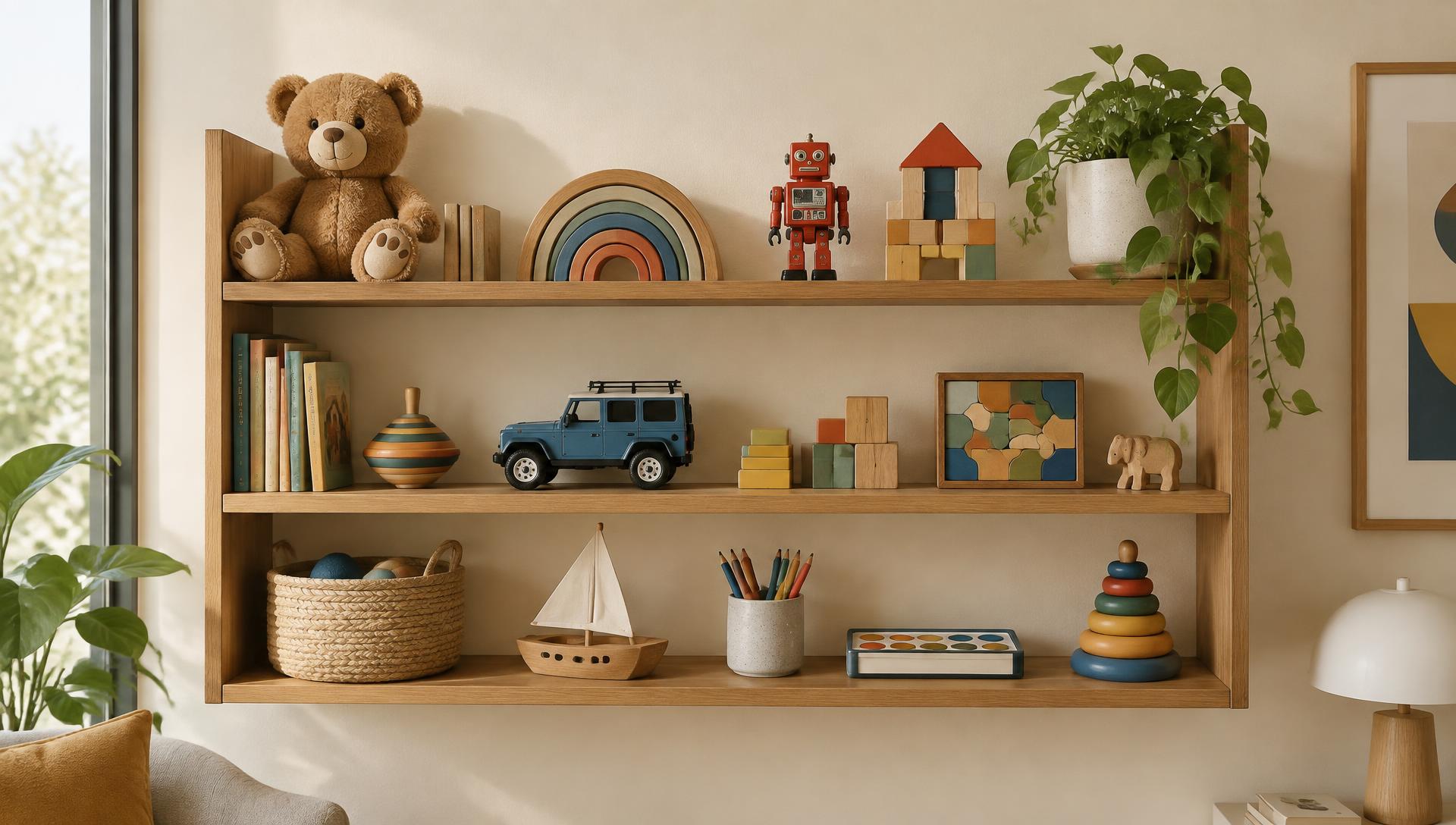 A physical wooden shelf filled with curated toys